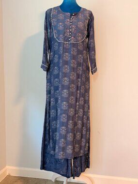 Blue Floral Kurti Set with Embroidery & Matching Pants